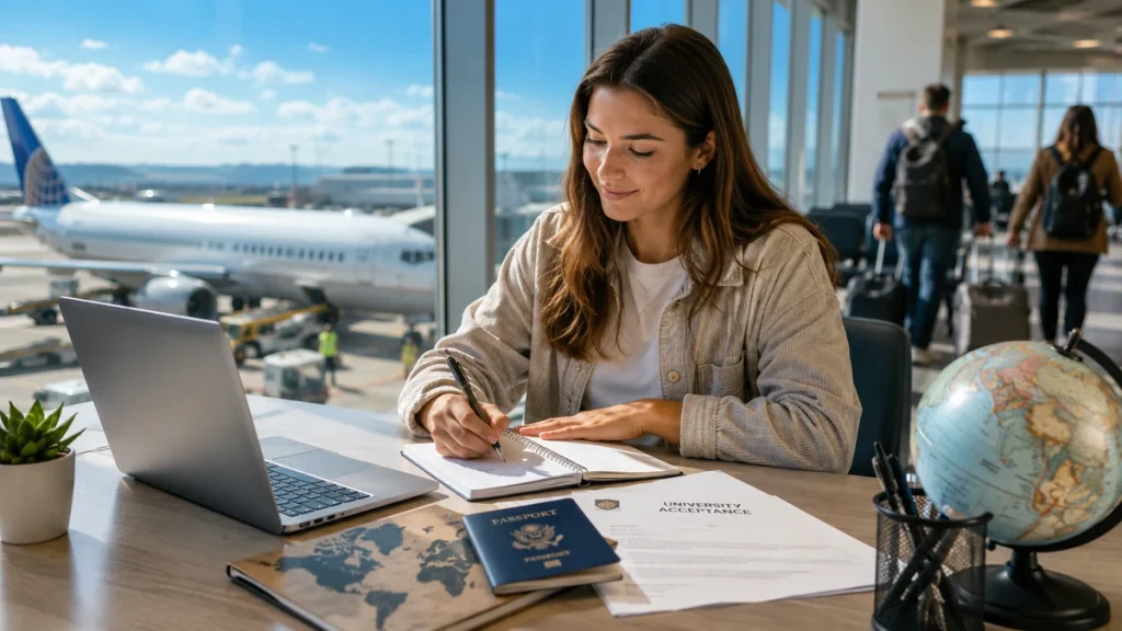U.S. student planning study abroad at an airport desk with laptop, passport, and acceptance papers