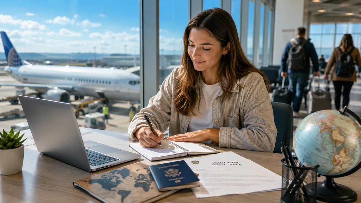 U.S. student planning study abroad at an airport desk with laptop, passport, and acceptance papers