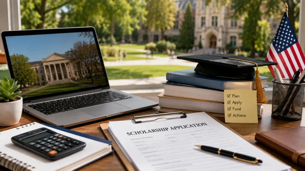 Scholarship application papers on a student desk with books, calculator, graduation cap, and campus view