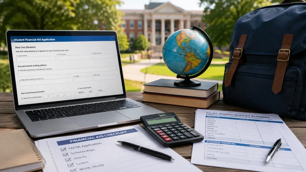 Financial aid planning desk with laptop, calculator, budget sheets, globe, and campus background