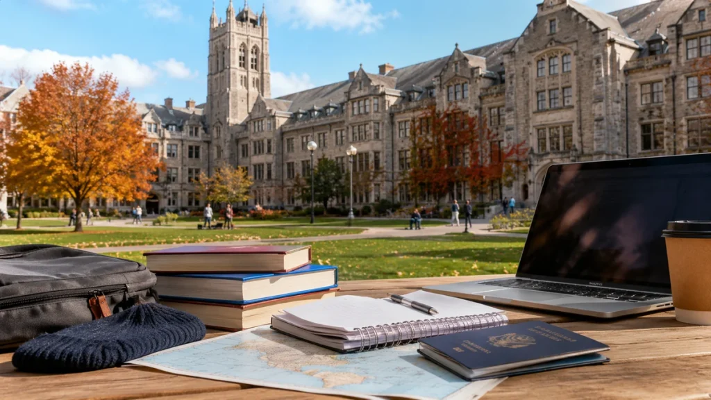 Study desk with passport, books, map, notebook, and university campus courtyard in autumn