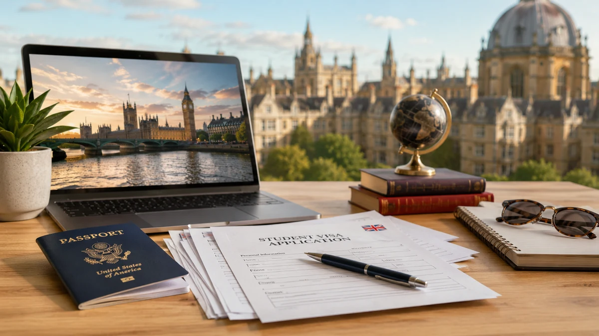 Student visa application papers, U.S. passport, laptop, and books in a UK-themed study workspace