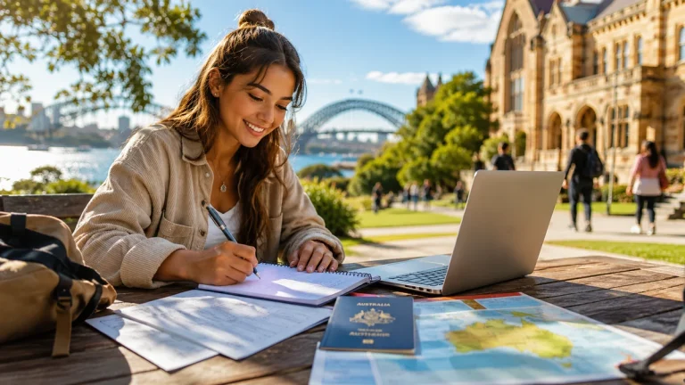 Student writing in a notebook outdoors with laptop and Sydney Harbour Bridge in the background