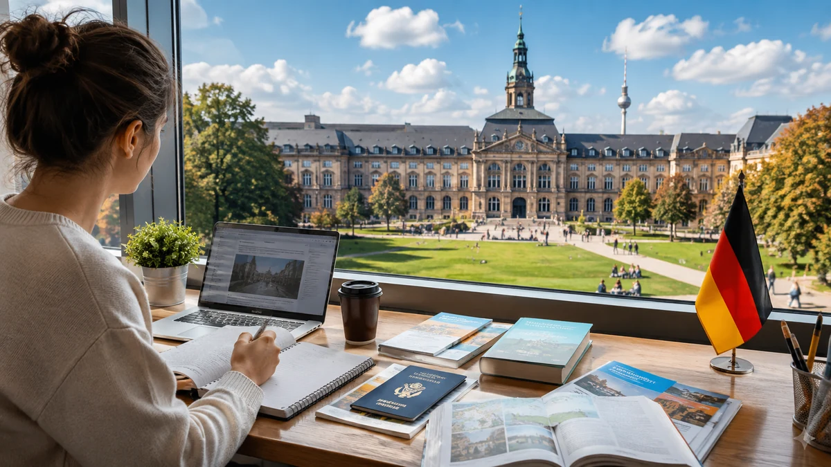 Student studying at a desk with German flag, passport, brochures, and a university campus view