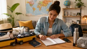 Student packing a suitcase and writing a travel safety checklist with passport and essentials on a table