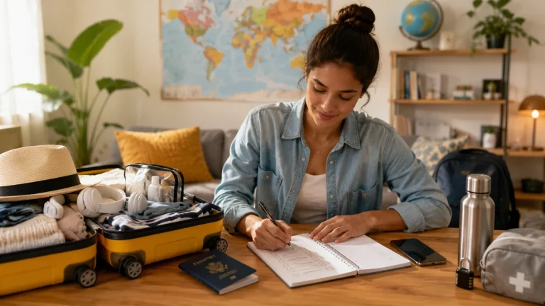 Student packing a suitcase and writing a travel safety checklist with passport and essentials on a table
