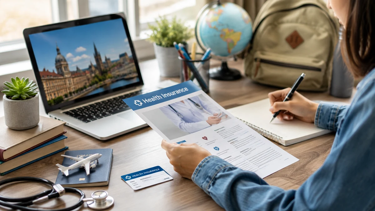 Student reviewing health insurance documents with laptop, passport, stethoscope, and travel items on a desk